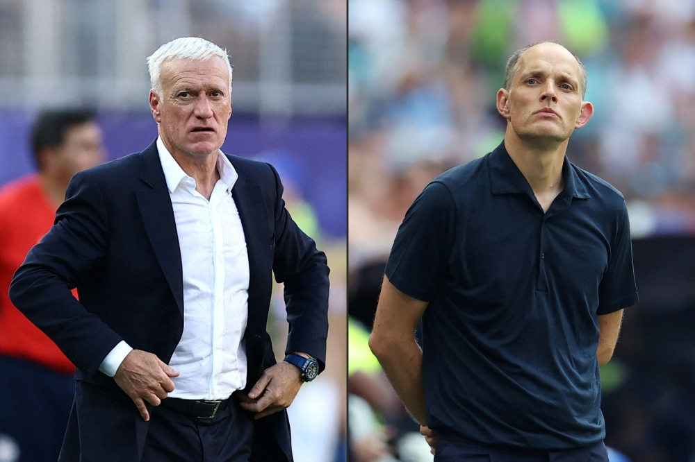 This combination of pictures created on July 16, 2026 shows France's head coach Didier Deschamps gesturing at the Philadelphia Stadium in Philadelphia on July 4, 2026, and England's German head coach Thomas Tuchel gesturing at Miami Stadium in Miami Gardens on July 11, 2026. (Photo by Charly Triballeau and Patricia De Melo Moreira / AFP)