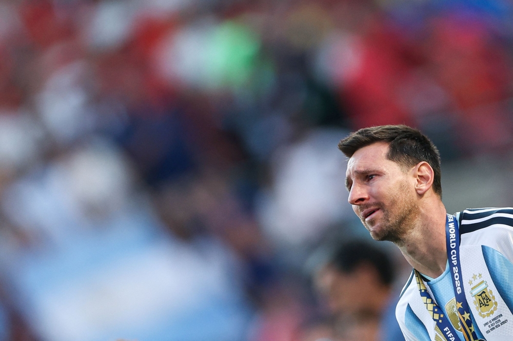 Argentina's forward #10 Lionel Messi reacts after losing the 2026 World Cup football tournament final match between Spain and Argentina at the New York/New Jersey Stadium in East Rutherford on July 19, 2026. (Photo by Patricia De Melo Moreira / AFP)