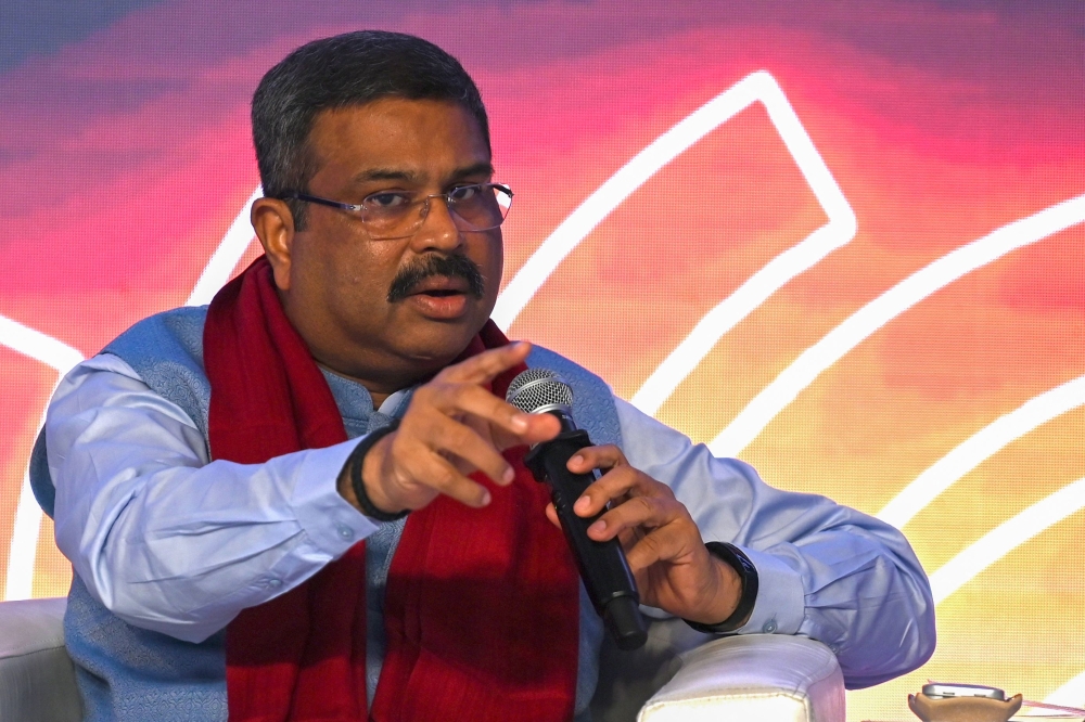(FILES) India's Education Minister Dharmendra Pradhan addresses the gathering on the second day of the three-day B20 Summit in New Delhi on August 26, 2023. Photo by Arun SANKAR / AFP)