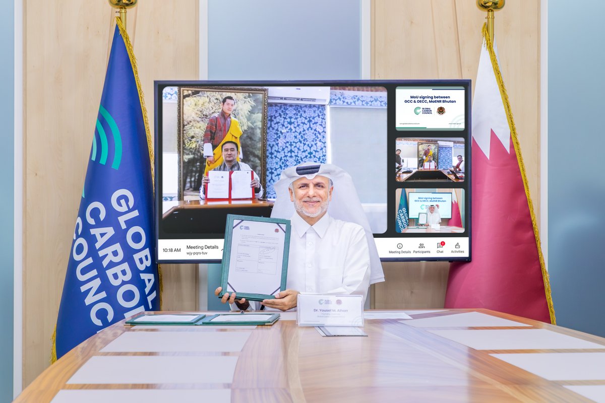 Founding Chairman of GCC Dr. Yousef M Alhorr during the virtual signing ceremony with Secretary of Ministry of Energy and Natural Resources of Royal Government of Bhutan Karma Tshering.