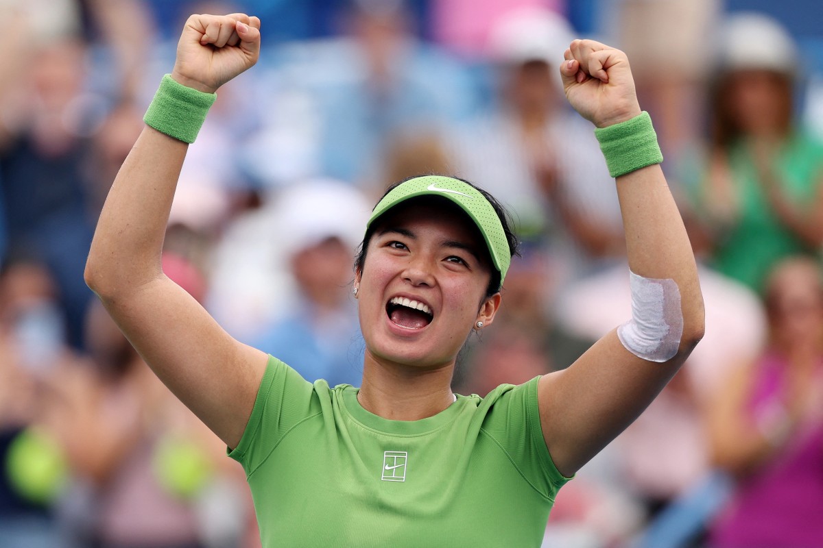 Alexandra Eala of the Philippines celebrates after winning a women's singles match against Naomi Osaka of Japan on day six of the Mubadala DC Open 2026 at William H.G. FitzGerald Tennis Center on August 01, 2026 in Washington, DC. (Photo by Emilee Chinn / GETTY IMAGES NORTH AMERICA / Getty Images via AFP)
