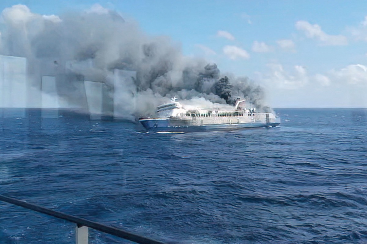 This screen grab from a handout video taken and released on August 2, 2026, by Indonesia's National Search and Rescue Agency (Basarnas), shows the passenger ship Mutiara Sentosa 2 catching fire in the waters off Madura island, East Java. Photo by Handout / INDONESIA'S NATIONAL SEARCH AND RESCUE AGENCY (BASARNAS) / AFP