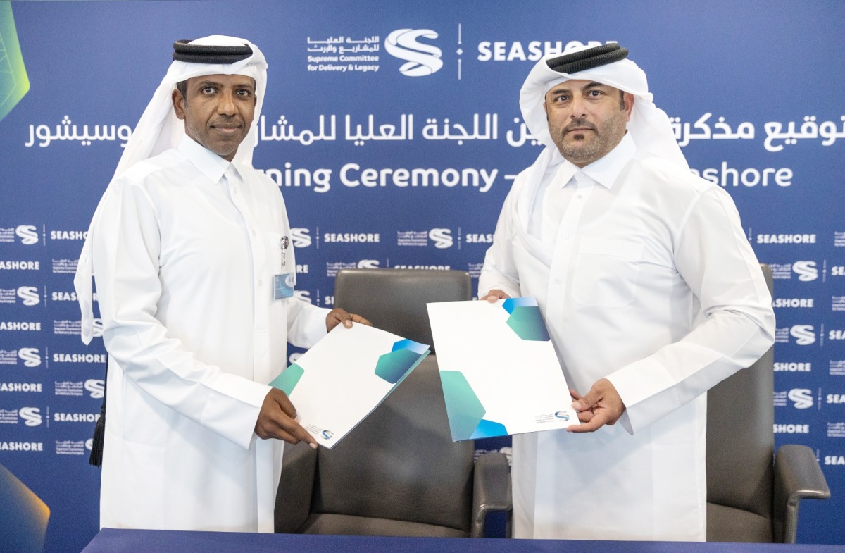 SC Sustainability & Legacy Executive Director Eng. Thani Al Zarraa and Vice Chairman of the Board of Directors for Seashore Group Sager Saeed Al Muhanadi during the signining MoU ceremony.