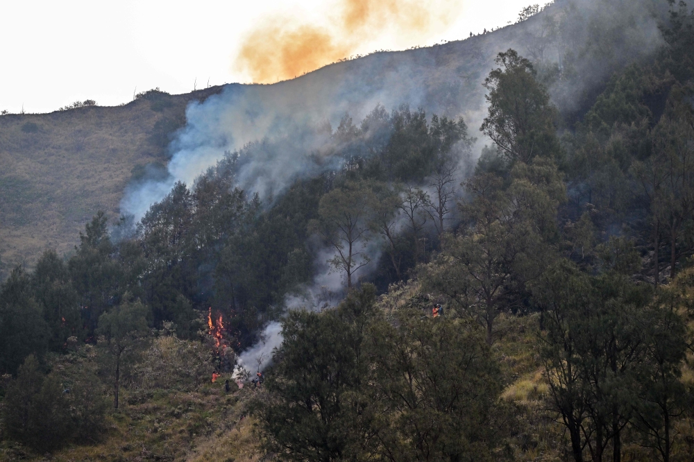 Volunteers battle a wildfire in the Bromo Tengger Semeru National Park near Mount Bromo in Pasuruan, East Java province on August 10, 2026. (Photo by JUNI KRISWANTO / AFP)