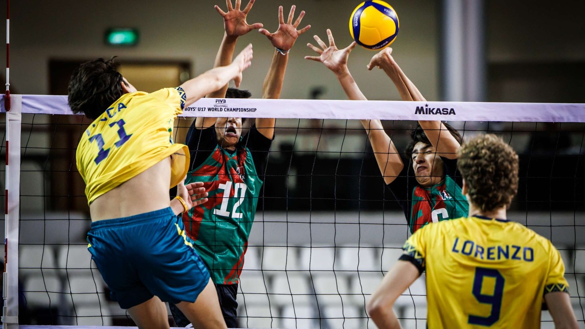 Brazil's Lucca Ferreira (left) shoots to score against Mexico.