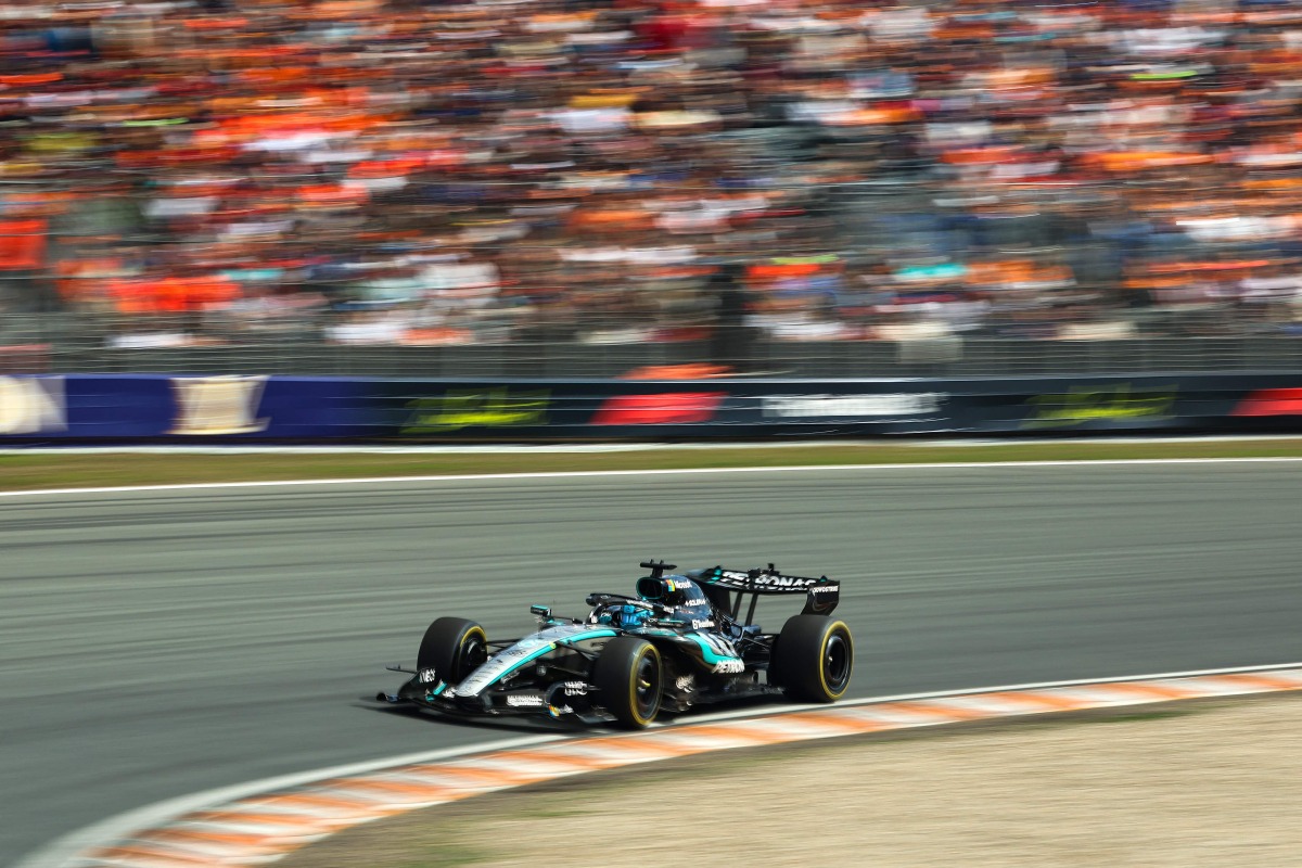 Mercedes' British driver George Russell drives during the sprint race ahead of the Formula One Dutch Grand Prix at The Circuit Zandvoort, western Netherlands, on August 22, 2026. (Photo by SIMON WOHLFAHRT / AFP)