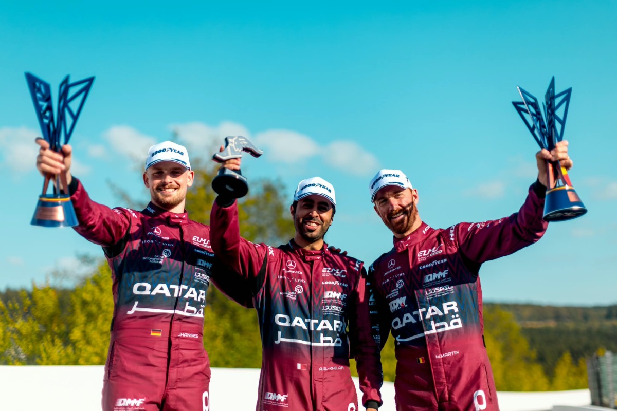 Team Qatar’s Abdulla Ali Al-Khelaifi (centre) poses with the trophy alongside his teammates.