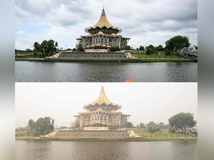 (COMBO) A combination image of two photographs created on September 5, 2026 shows the Sarawak Legislative Assembly building in Kuching, capital of the Malaysian state of Sarawak on the island of Borneo on June 17, 2025 (top), and the same building shrouded in haze on September 5, 2026 (bottom). Indonesia has for weeks been fighting wildfires blanketing parts of Borneo and Sumatra with smog, with haze also contributing to air pollution in Malaysia, Singapore, and the Philippines. (Photo by Mohd Rasfan / AFP)