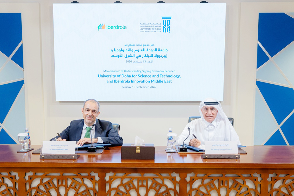 President of UDST, Dr. Salem Al Naemi and Managing Director at Iberdrola Innovation Middle East, Dr. Santiago Bañales-López signing the MoU during the event.