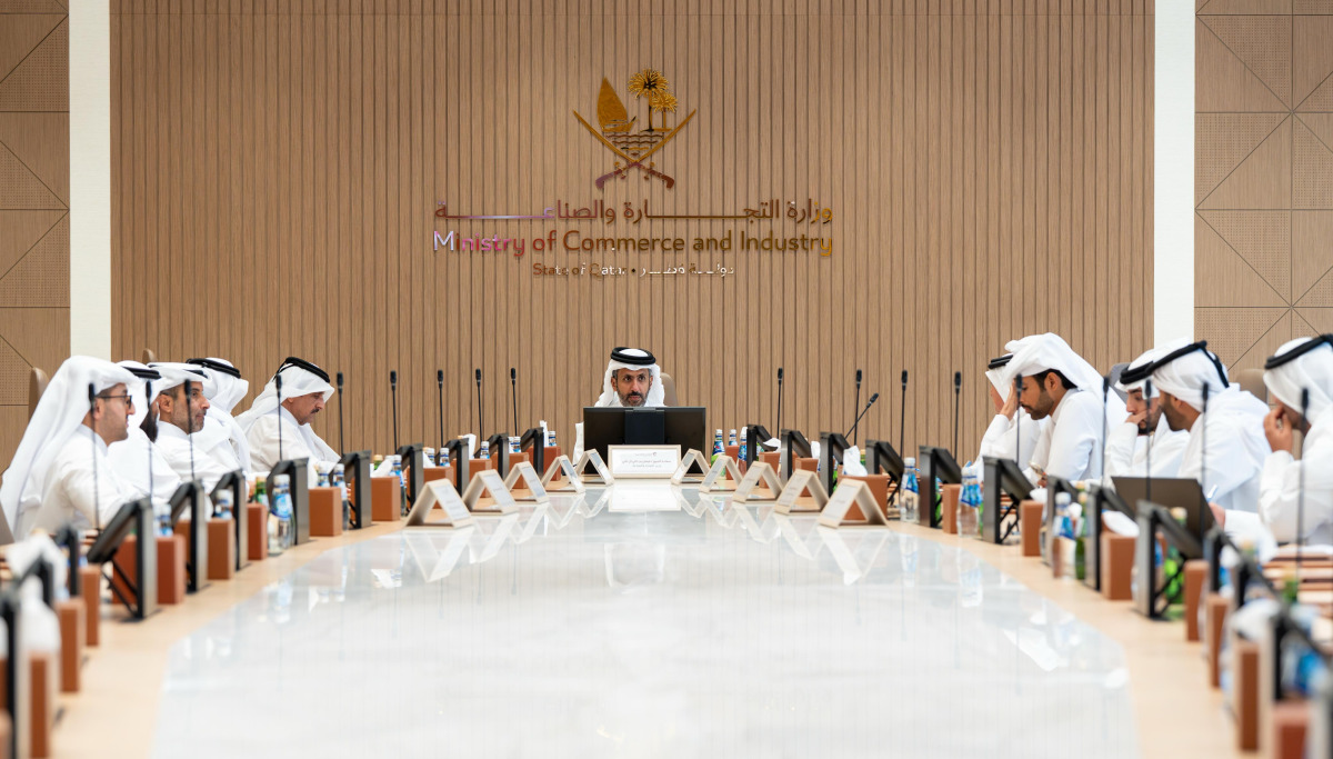 Minister of Commerce and Industry H E Sheikh Faisal bin Thani bin Faisal Al Thani with representatives of the Qatari Businessmen Association during the meeting yesterday.