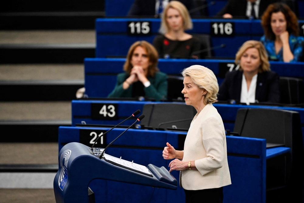 European Commission President Ursula von der Leyen delivers a speech during her annual State of the Union address at a plenary session of the European Parliament in Strasbourg, eastern France on September 16, 2026. (Photo by Jean-Christophe VERHAEGEN / AFP)