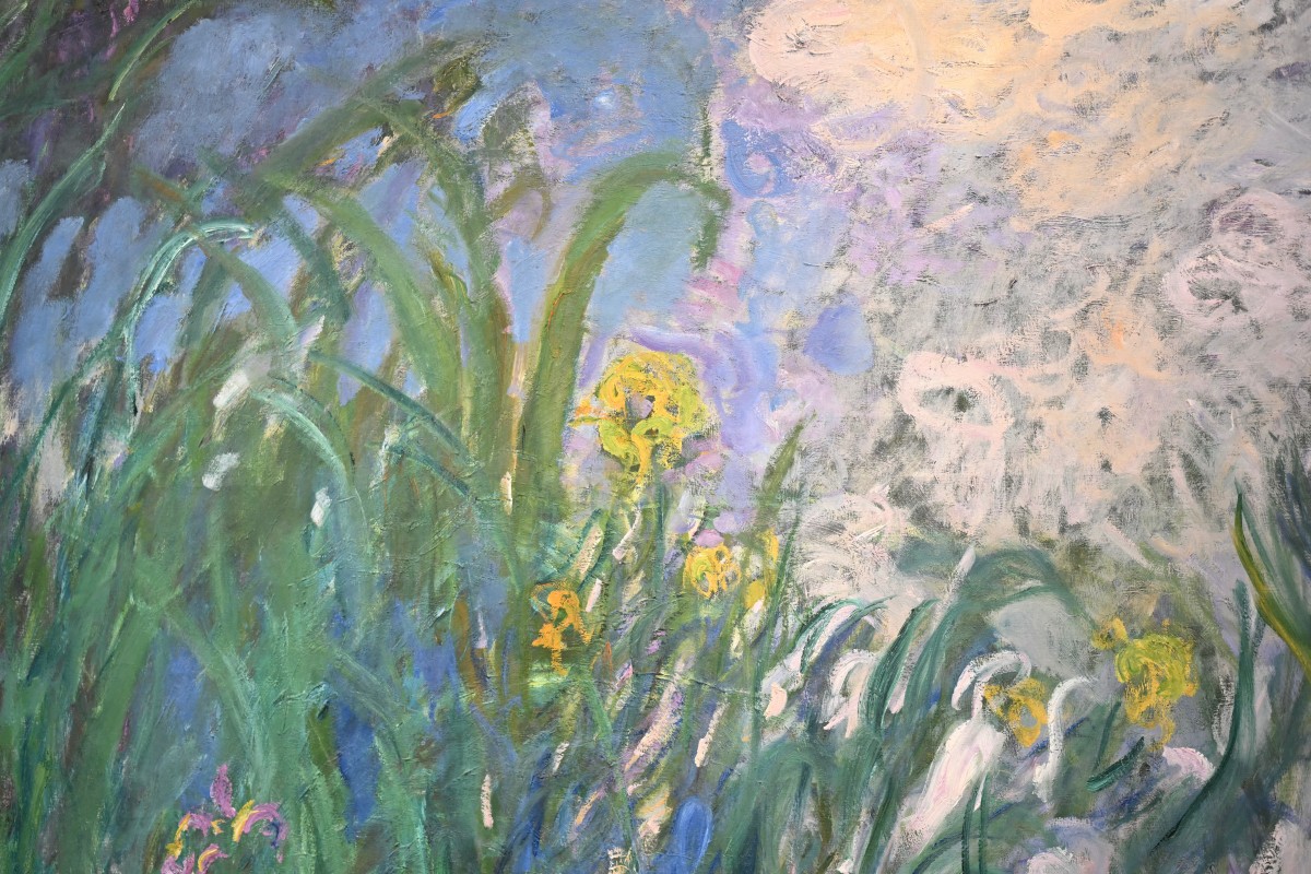 This photograph shows a detail of French painter Claude Monet’s Iris, 1924–1925, during a preview of 28 Impressionist works of the Schlumberger Collection unveiled ahead of the October 22, 2026, sale at Sotheby’s auction house in Paris on September 17, 2026. (Photo by LOU BENOIST / AFP)