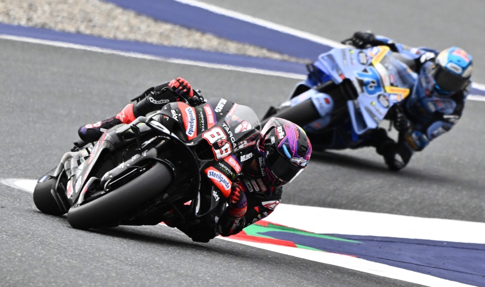 Aprilia Racing Team's Spanish rider Jorge Martin takes part in the MotoGP Free Practice 2 on the second day of the Grand Prix of Austria MotoGP event in Spielberg bei Knittelfeld, Austria, on September 18, 2026. (Photo by Joe Klamar / AFP)