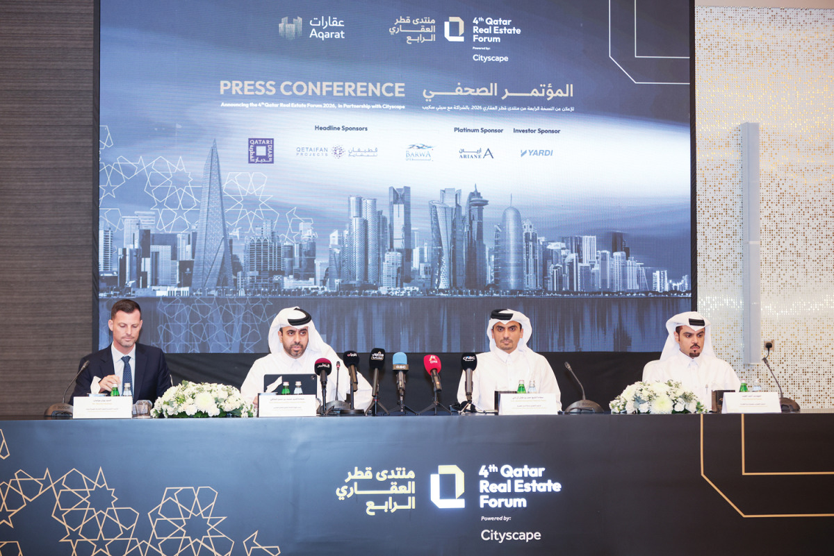President of Aqarat, Mohammed bin Hassan Al Malki; Chief Commercial Officer at Informa Tharawat, Wouter Molman; CEO of Qatari Diar, Hamad bin Talal Al Thani; and CEO of Barwa Real Estate Group, Eng. Ahmed Mohamed Al-Tayeb during the press conference yesterday.