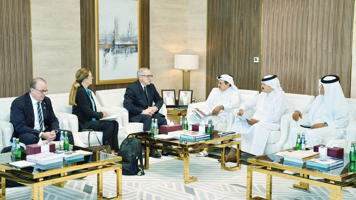 QC Chairman Sheikh Khalifa bin Jassim bin Mohamed Al Thani and other officials with the Ambassador of Finland to Qatar H E Juha Mustonen during the meeting.
