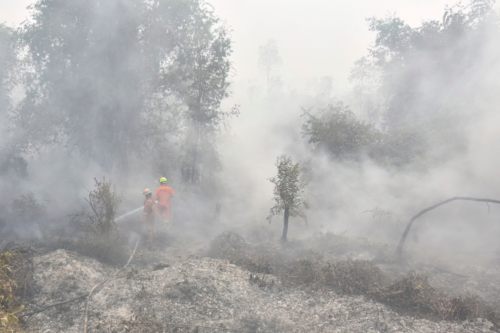 Firefighters extinguish forest and land fires in Banjar, South Kalimantan, on September 21, 2026. Toxic haze has shrouded parts of Indonesia, Malaysia and Singapore for weeks as Jakarta struggles to contain fires that have scorched large tracts of Borneo and Sumatra, with the smoke drifting across the region. (Photo by Muda Sagala/ AFP)