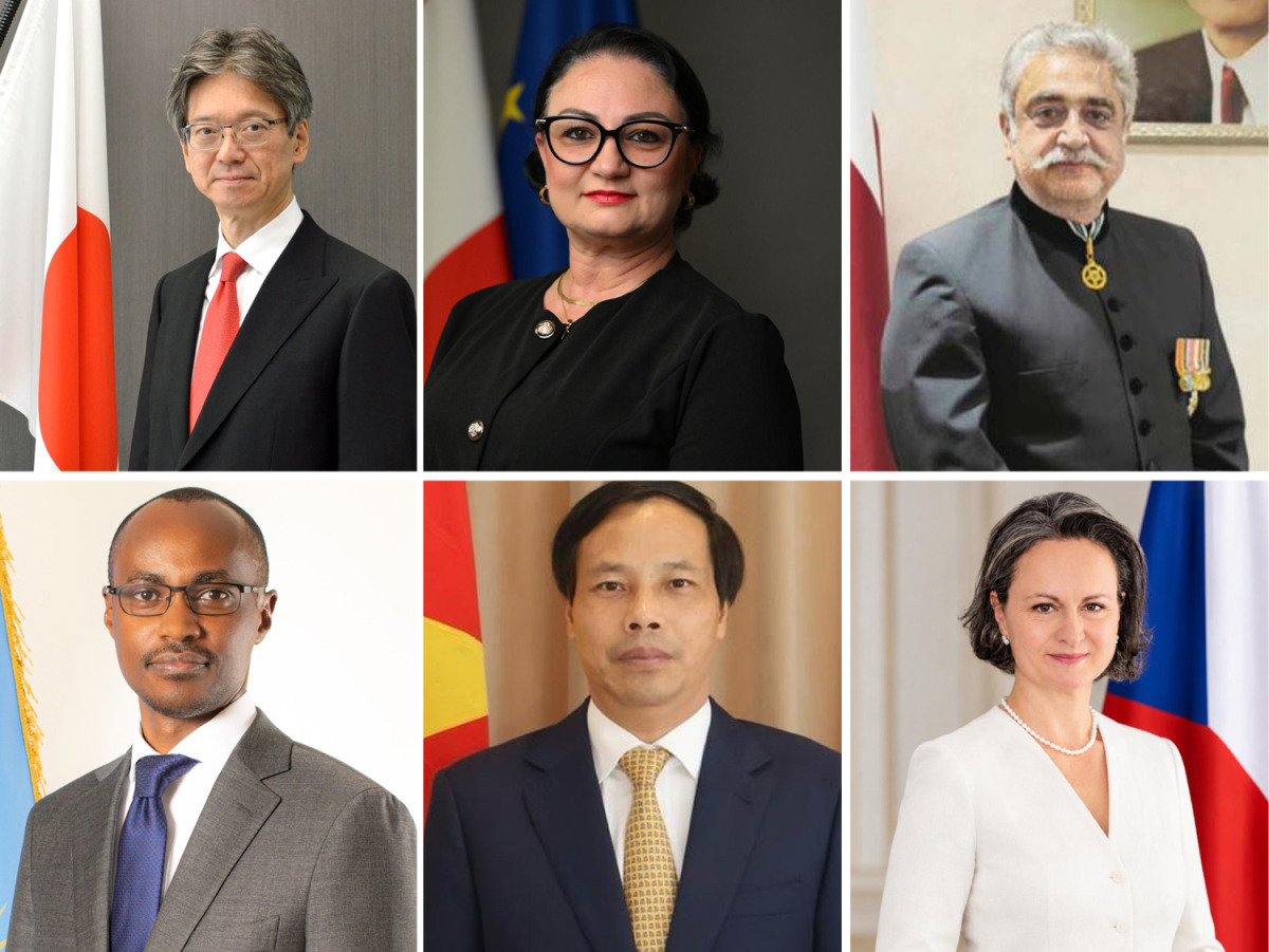 Clockwise from top left: Ambassadors H E Naoto Hisajima of Japan, H E Maria Camilleri Calleja of Malta, H E Muhammad Aamer of Pakistan, H E Marta Hušková (Czech Republic), H E Nguyen Huy Hiep of Vietnam, and H E Igor Marara Kayinamura of Rwanda 
