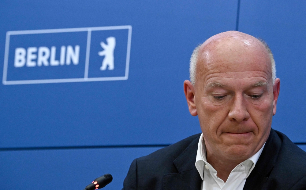 Berlin's outgoing governing mayor Kai Wegner attends a press conference on the German capital's bid to host Olympic Games in Berlin on September 24, 2026.  (Photo by Tobias SCHWARZ / AFP)