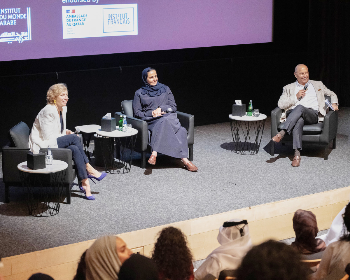 H E Sheikha Al Mayassa bint Hamad bin Khalifa Al Thani (centre) with President of the Institut du monde arabe (IMA) in Paris Anne-Claire Legendre (left) and Dr. Safwan Masri during the event yesterday.