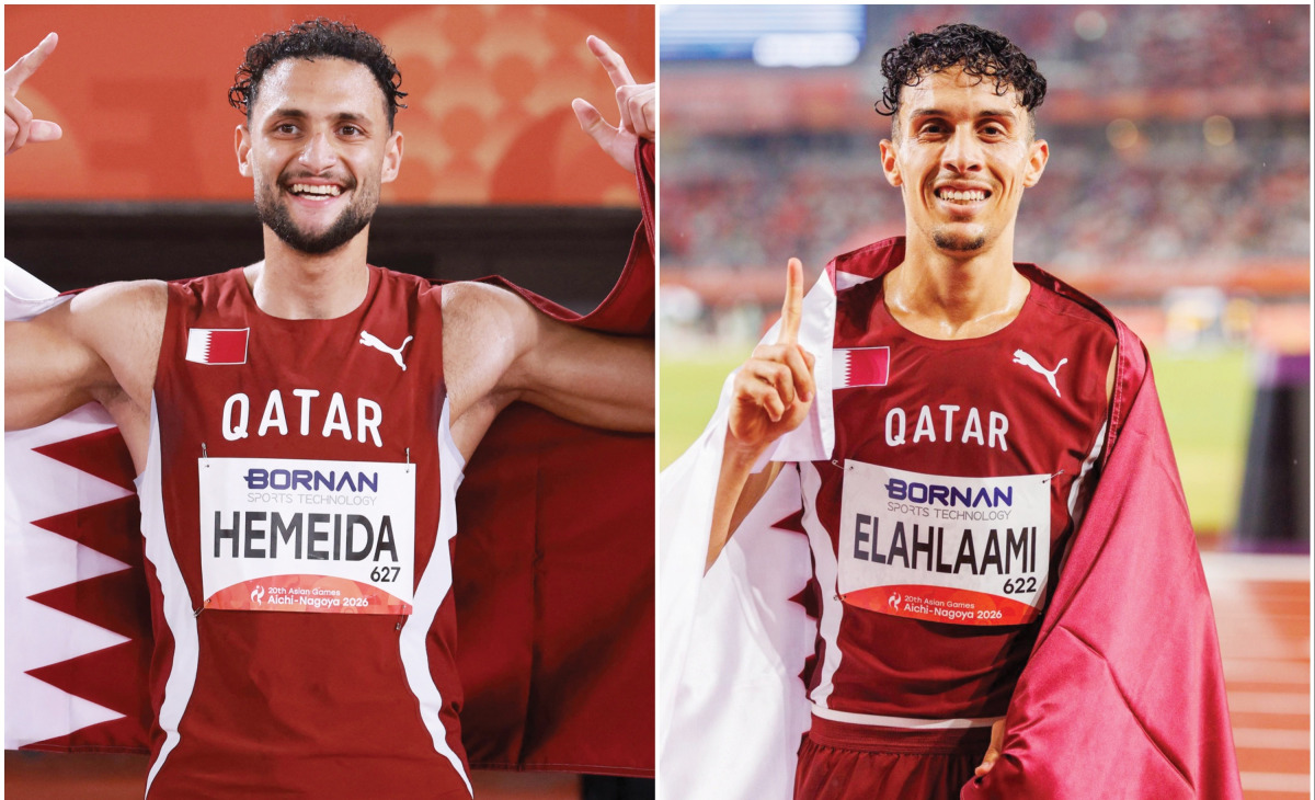 Qatar’s Bassem Hemeida celebrates after winning the gold medal. (AFP) (Right) Zakaria Ibrahim claimed bronze in the 3,000m steeplechase