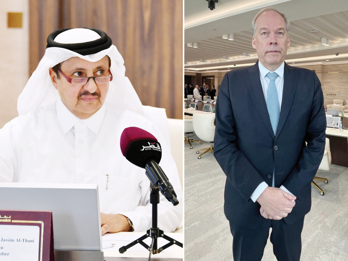 QC Chairman Sheikh Khalifa bin Jassim bin Mohammed Al Thani (left) and Under-Secretary of State and Deputy Minister for International Trade of the Republic of Finland H E Jarno Syrjälä.