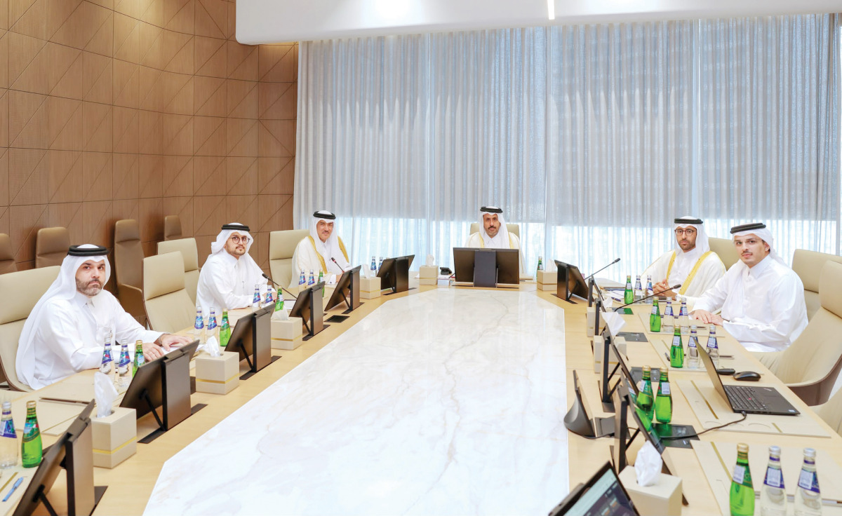 Minister of Commerce and Industry H E Sheikh Faisal bin Thani bin Faisal Al Thani with other officials during the meeting.