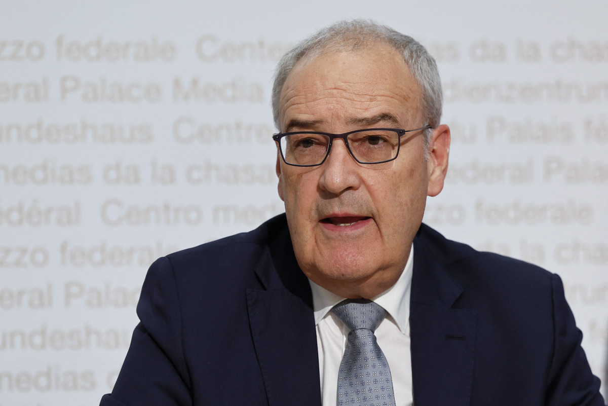 Switzerland's President Guy Parmelin gives a press conference following a vote in the country on a divisive anti-immigration proposal to cap the country's population and another referendum on restricting access to conscientious objection to military service in Bern, on June 14, 2026. Photo by STEFAN WERMUTH / AFP