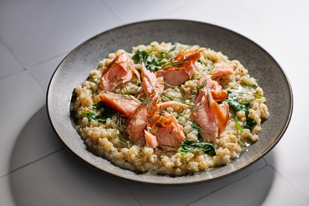 Barley Porridge With Spinach and Smoked Salmon. (Tom McCorkle/For The Washington Post; food styling by Gina Nistico)
 