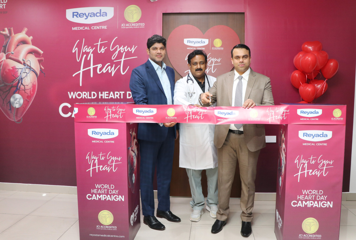 Managing Director of Reyada Medical Centre Jamsheer Hamza, Executive Director Dr. Abdul Kalam, and Cardiology Specialist Dr. Bishnu Kiran inaugurating the awareness campaign.