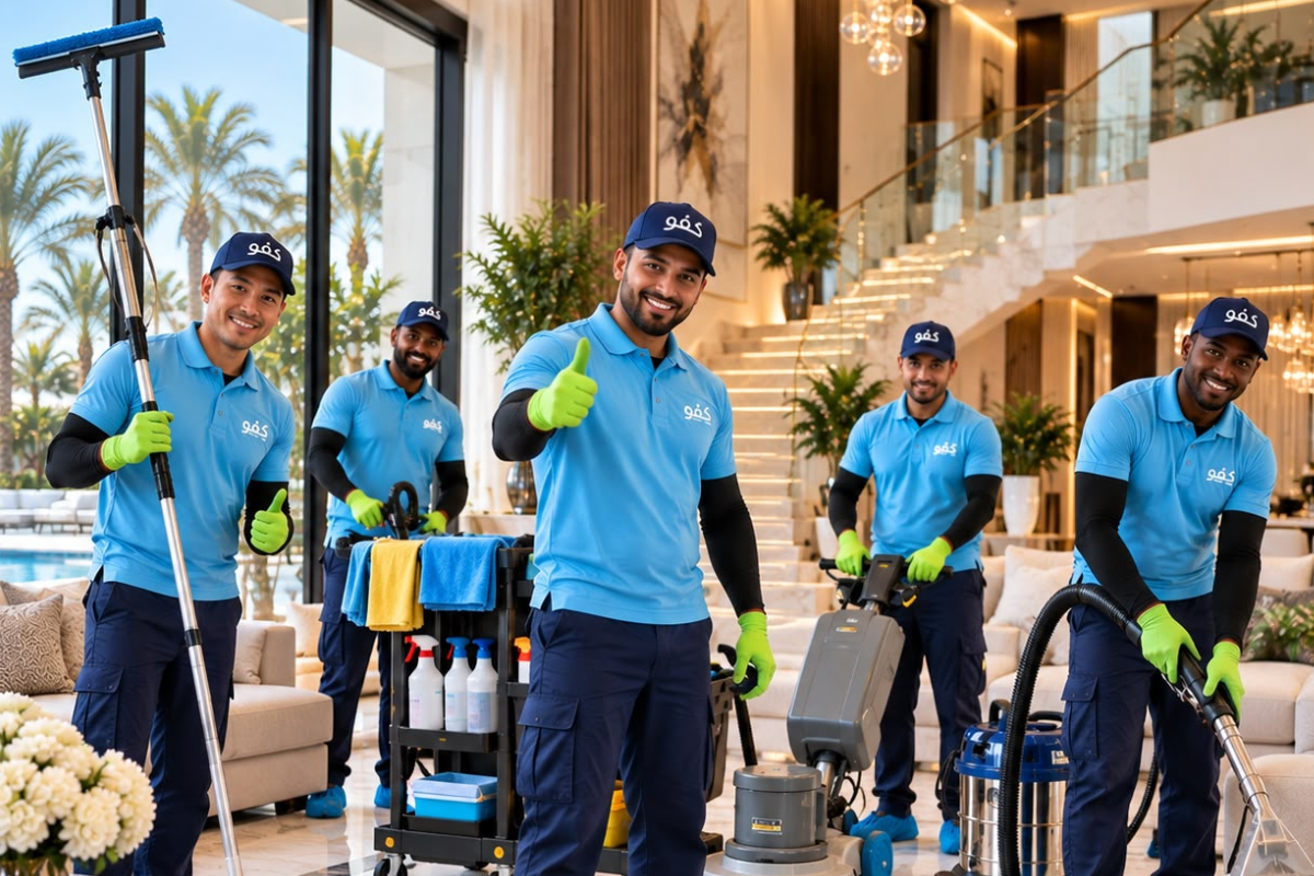 A professional cleaner providing detailed home cleaning services inside a modern residence in Qatar, highlighting the importance of adapting home care to the country’s climate and environmental conditions.