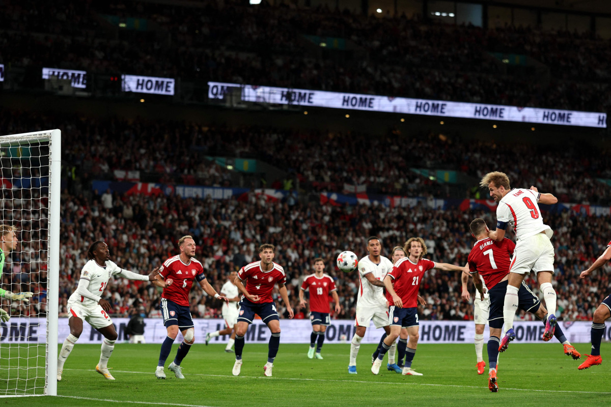 Harry Kane scores England’s third goal.