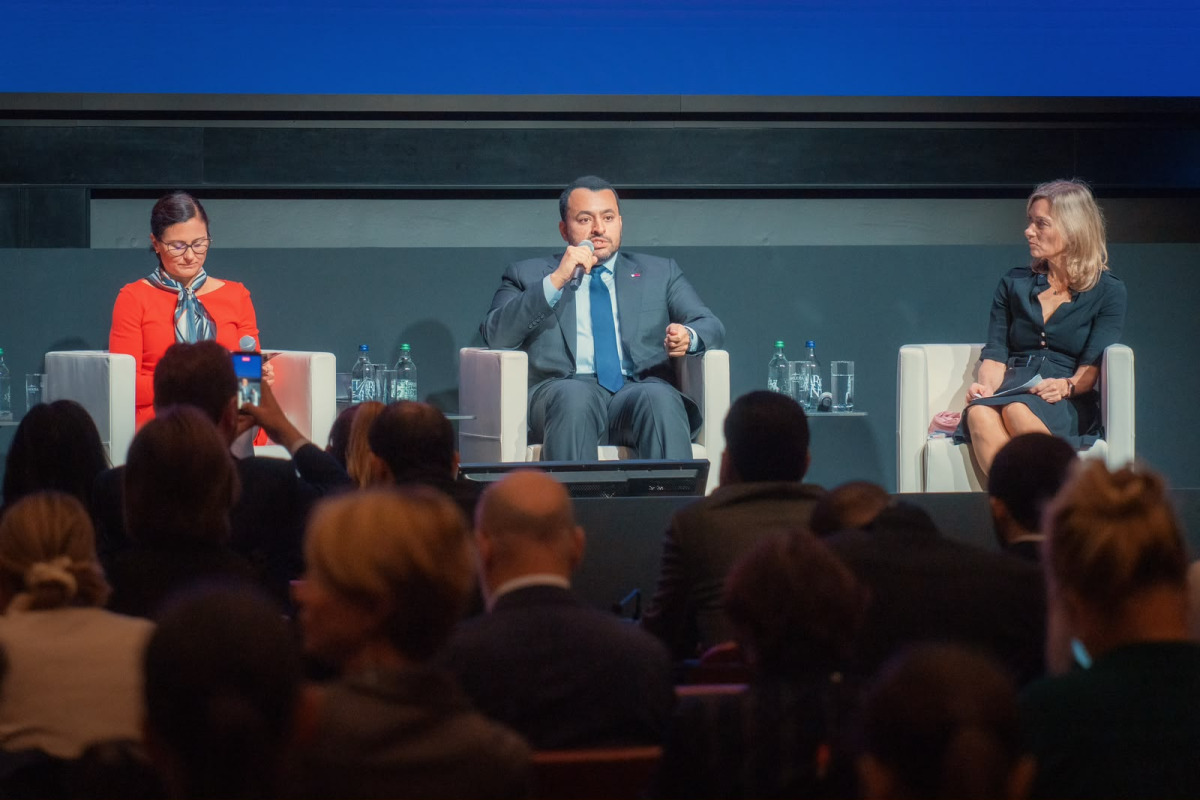 Minister of State at the Ministry of Foreign Affairs H E Dr. Mohammed bin Abdulaziz bin Saleh Al Khulaifi speaking during the opening session at the Geneva Peace Forum. 