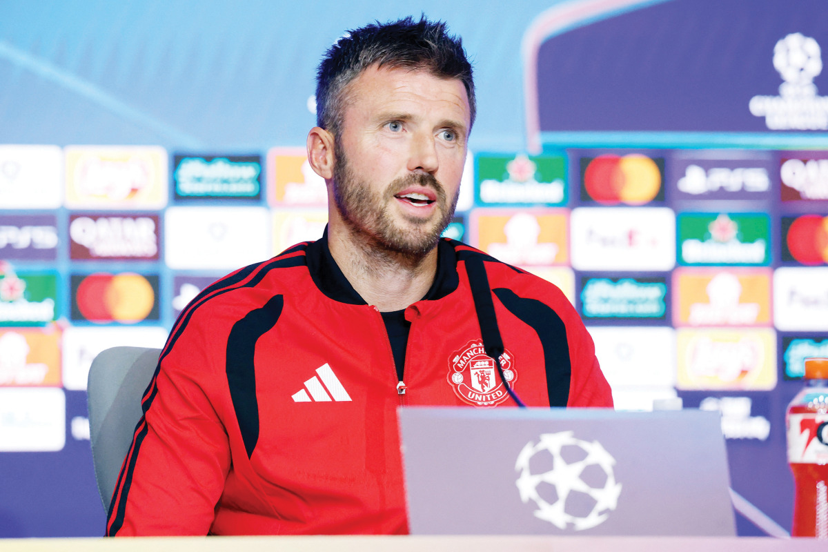 Manchester United coach Michael Carrick gives a press conference ahead of the match against Atletico Madrid.  