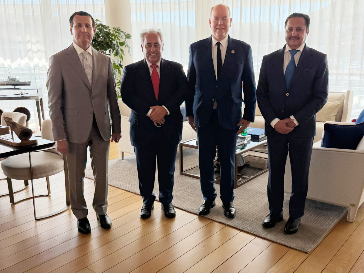 Prince of Monaco H S H Albert II, Qatar’s Ambassador to France H E Sheikh Ali bin Jassim Al-Thani, QC Chairman Sheikh Khalifa bin Jassim Al Thani, and QBA Board Member Sheikh Hamad bin Faisal Al-Thani during the meeting.