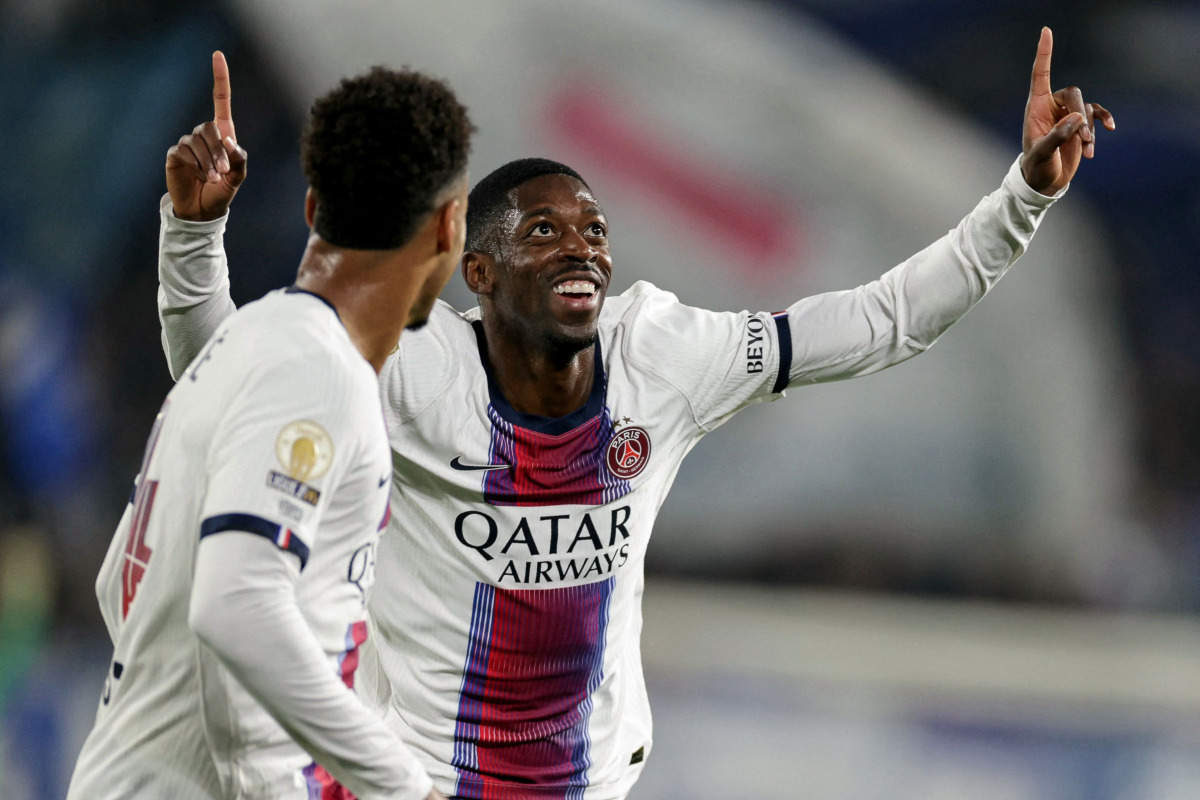 Paris Saint-Germain's French forward #10 Ousmane Dembele celebrates after scoring his team's second goal during the French L1 football match between RC Strasbourg Alsace and Paris Saint-Germain (PSG) at the Stade de la Meinau in Strasbourg, eastern France, on October 17, 2026. (Photo by ROMEO BOETZLE / AFP)