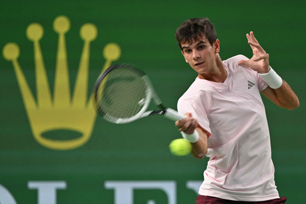 Spain’s Rafael Jodar hits a return to Russia’s Daniil Medvedev.