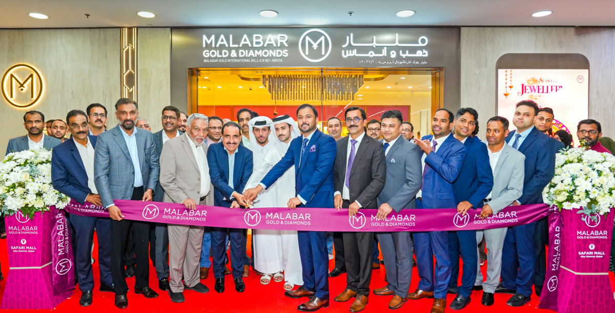 Sheikh Hamad Nasser A A Al-Thani, MD-International Operations, Malabar Gold & Diamonds, Shamlal Ahamed, and other officials and guests at the launch of Malabar Gold & Diamonds showroom at Safari Mall, Abu Hamour