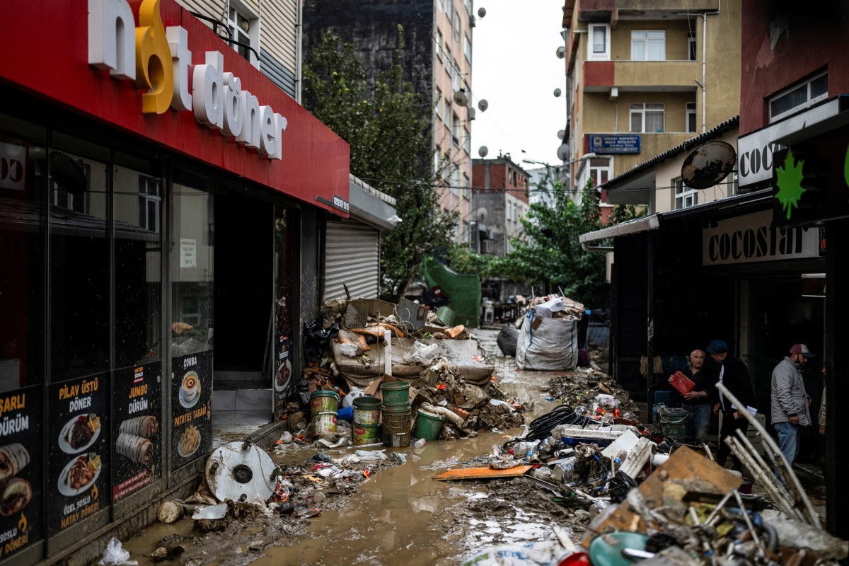 A photograph taken on October 16, 2026, shows a flooded street the day after heavy rainfall in the Ayazaga district of Istanbul. Photo by Yasin Akgul / AFP
