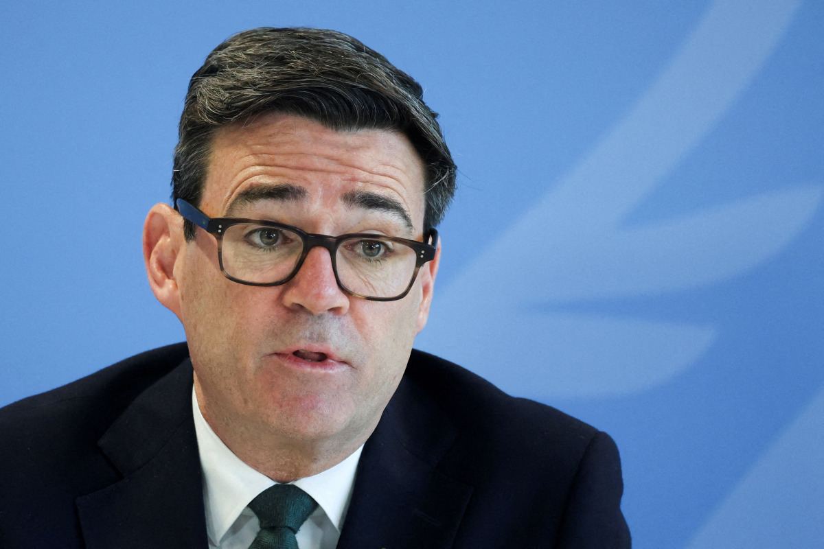 Britain's Prime Minister Andy Burnham speaks during the inaugural Wildfires ’27 Resilience Summit at the National Resilience Centre of Excellence, Aintree, north west England on October 23, 2026. Photo by Temilade Adelaja / POOL / AFP