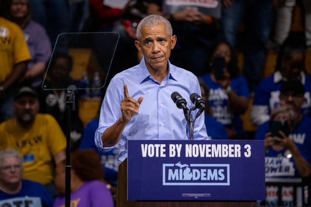 Former US President Barack Obama speaks during a midterm campaign rally as he campaigns alongside Michigan Senate candidate Abdul El-Sayed in Detroit, Michigan on October 24, 2026. (Photo by Bill Pugliano / AFP)