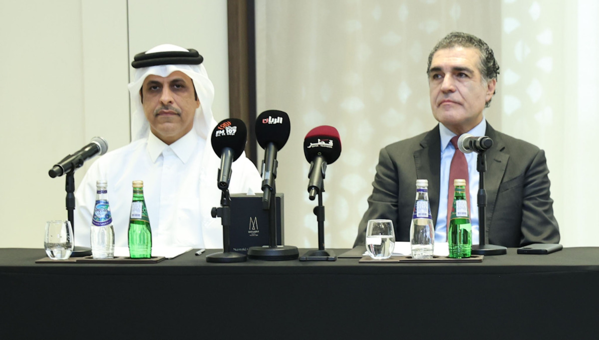 Assistant Undersecretary for Climate Change Affairs at MECC Eng Ahmed Mohammed Al Sada (left) and Executive Director, Earthna, Dr. Gonzalo Castro de la Mata during the press conference.