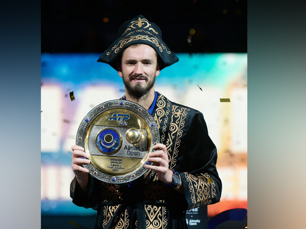 Daniil Medvedev celebrates with the trophy after winning the 2026 Almaty Open title. PIC: Almaty Open
