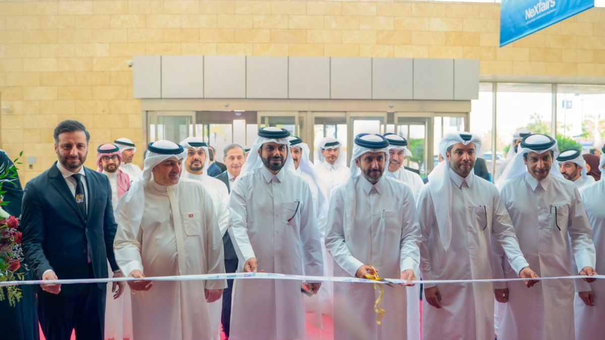 Minister of Commerce and Industry H E Sheikh Faisal bin Thani bin Faisal Al Thani with other officials during the opening of Build Your House exhibition, yesterday.
