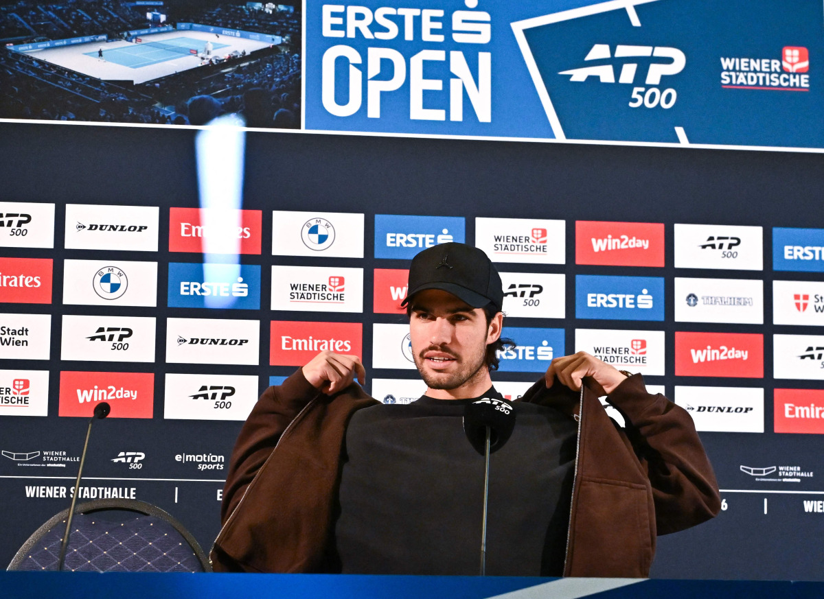 Spain's Carlos Alcaraz speaks during a press conference. 