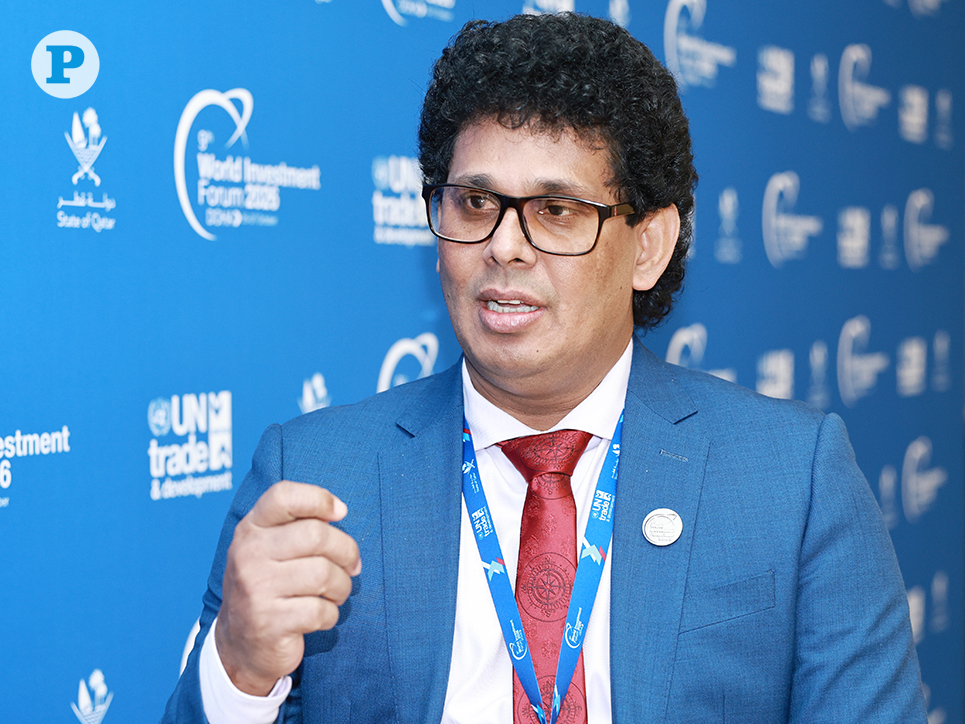 Minister of Trade, Commerce, Food Security and Cooperative Development of Sri Lanka, H E Wasantha Samarasinghe speaking to The Peninsula at WIF. Pic: Rajan Vadakkemuriyil / The Peninsula 