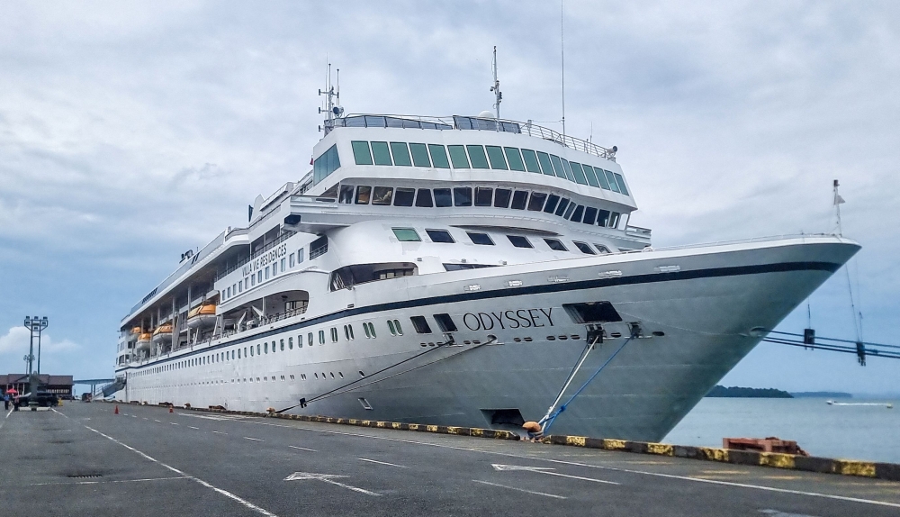 Villa Vie Residences' cruise ship Odyssey is seen docked at Sihanoukville port in Preah Sihanouk province on October 28, 2026. (Photo by AFP)
 