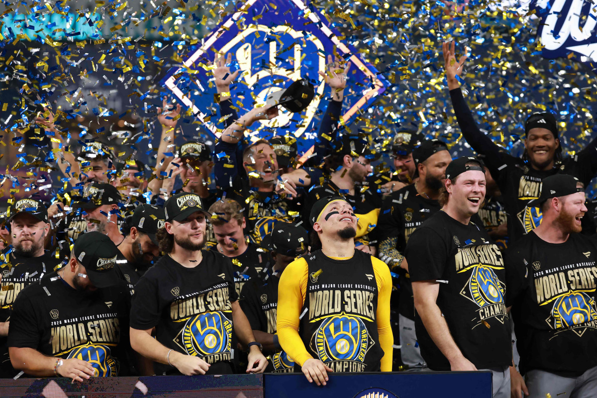 The Milwaukee Brewers celebrate during the Awards Ceremony after defeating the Tampa Bay Rays in the 2026 World Series at Tropicana Field on October 28, 2026 in St Petersburg, Florida. (Photo by ELSA / GETTY IMAGES NORTH AMERICA / Getty Images via AFP)